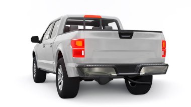 İkili taksisi olan büyük, modern bir kamyonet, beyaz üniforma arka planında parlayan farlar. 3d oluşturma