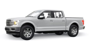 İkili taksisi olan büyük, modern bir kamyonet, beyaz üniforma arka planında parlayan farlar. 3d oluşturma