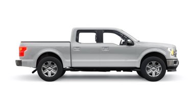 İkili taksisi olan büyük, modern bir kamyonet, beyaz üniforma arka planında parlayan farlar. 3d oluşturma