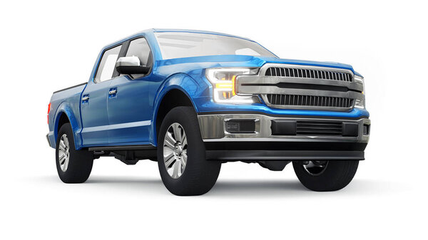 A large blue modern pickup truck with a double cab, glowing headlights on a white uniform background. 3d rendering