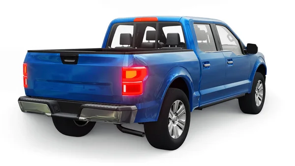 Large Blue Modern Pickup Truck Double Cab Glowing Headlights White — Fotografia de Stock