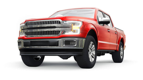 A large modern pickup truck with a double cab, glowing headlights on a white uniform background. 3d rendering