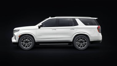 Tula, Rusya. 4 Kasım 2021, Chevrolet Tahoe beyaz lüks araba siyah arka planda izole edildi. 3d illüstrasyon