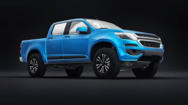 Siyah arka planda mavi pikap. 3d oluşturma