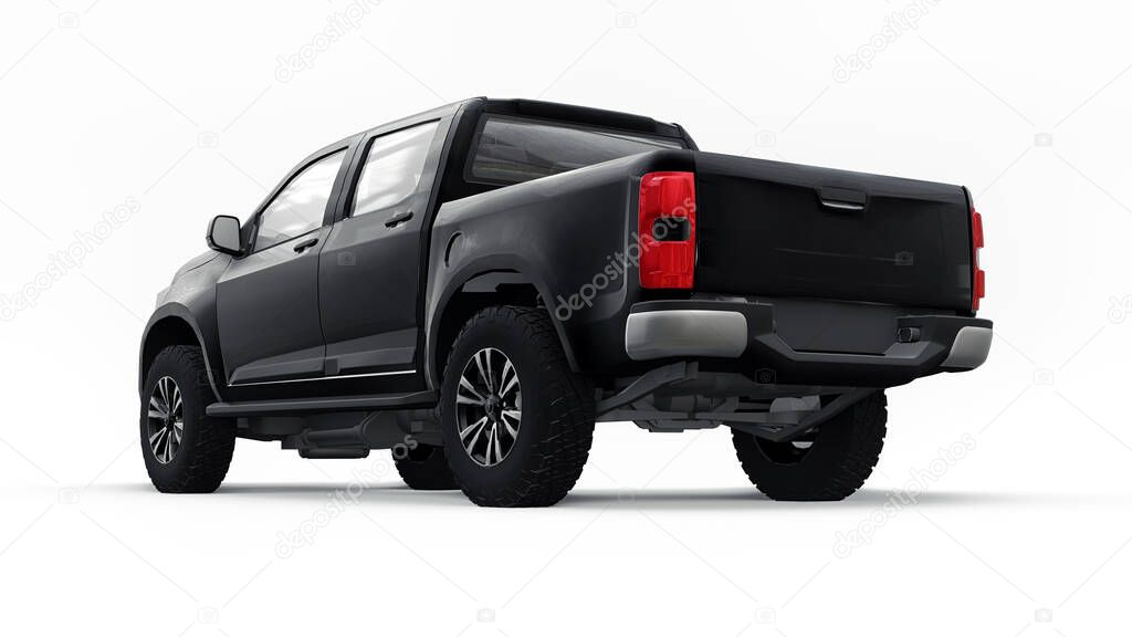 Black pickup car on a white background. 3d rendering