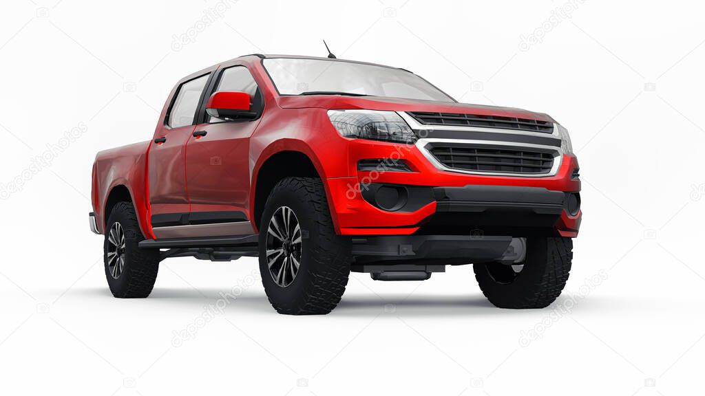 Red pickup car on a white background. 3d rendering
