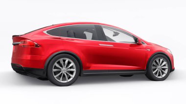 Tula, Rusya. 6 Ocak 2022: Tesla Model X tam boyutlu şehir cipi. Kırmızı araba beyaz arka planda izole edilmiş. 3d oluşturma.
