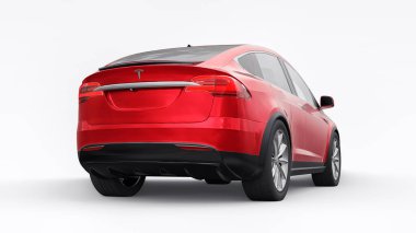 Tula, Rusya. 6 Ocak 2022: Tesla Model X tam boyutlu şehir cipi. Kırmızı araba beyaz arka planda izole edilmiş. 3d oluşturma.