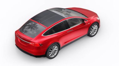Tula, Rusya. 6 Ocak 2022: Tesla Model X tam boyutlu şehir cipi. Kırmızı araba beyaz arka planda izole edilmiş. 3d oluşturma.