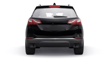 Beyaz arka planda bir aile için orta büyüklükte siyah bir SUV. 3d oluşturma