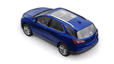 Beyaz arka planda bir aile için mavi, orta ölçekli şehir cipi. 3d oluşturma