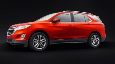 Siyah arka plandaki bir aile için orta büyüklükte kırmızı bir SUV. 3d oluşturma