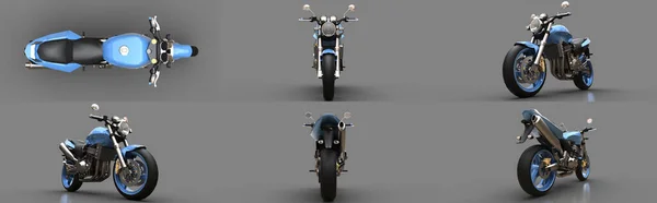 设置蓝色城市运动双座位摩托车灰色背景 3D说明 — 图库照片