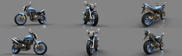 Встановити Синій Міський Спортивний Двомісний Мотоцикл Сірому Фоні Ілюстрація — стокове фото