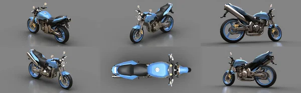 Nastavit Modrý Městský Sport Dvoumístný Motocykl Šedém Pozadí Ilustrace — Stock fotografie