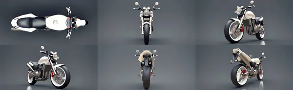 Set White Urban Sport Two Seater Motorcycle Gray Background Illustration — 图库照片