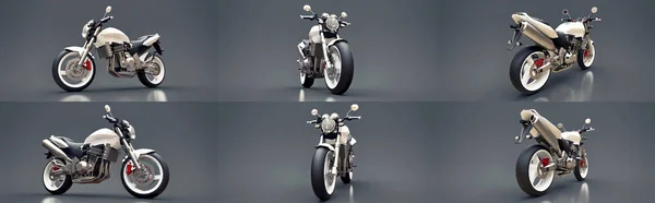 Set White Urban Sport Two Seater Motorcycle Gray Background Illustration — 图库照片