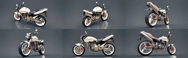 设置白色城市运动双座位摩托车灰色背景 3D说明 — 图库照片