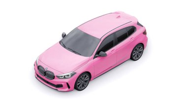 Tula, Russia. January 9, 2022: BMW M135i XDrive. Pink car isolated on white background. 3d rendering