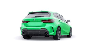 Tula, Rusya. 9 Ocak 2022: BMW M135i XDrive. Yeşil araba beyaz arka planda izole edilmiş. 3d oluşturma