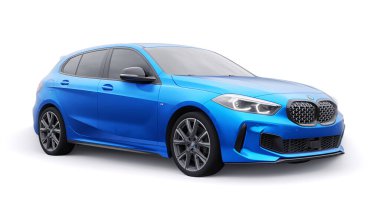Tula, Rusya. 9 Ocak 2022: BMW M135i XDrive. Mavi araba beyaz arka planda izole edilmiş. 3d oluşturma.