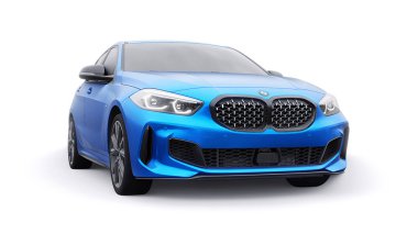Tula, Rusya. 9 Ocak 2022: BMW M135i XDrive. Mavi araba beyaz arka planda izole edilmiş. 3d oluşturma.