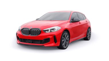 Tula, Russia. January 9, 2022: BMW M135i XDrive. Red car isolated on white background. 3d rendering