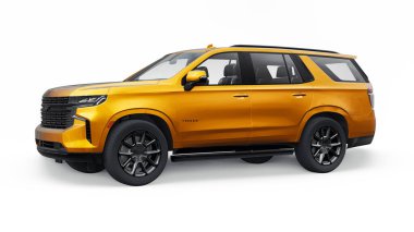 Tula, Rusya. 4 Kasım 2021, Chevrolet Tahoe altın renkli lüks araba beyaz arka planda izole edildi. 3d illüstrasyon