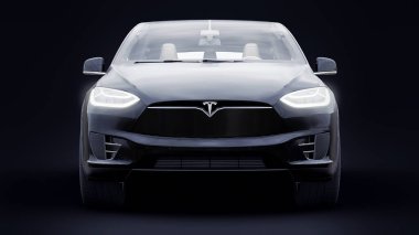 Tula, Rusya. 6 Ocak 2022: Tesla Model X tam boyutlu şehir cipi. Araba siyah arka planda izole edilmiş. 3d oluşturma.