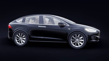 Tula, Rusya. 6 Ocak 2022: Tesla Model X tam boyutlu şehir cipi. Araba siyah arka planda izole edilmiş. 3d oluşturma.