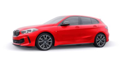 Tula, Russia. January 9, 2022: BMW M135i XDrive. Red car isolated on white background. 3d rendering