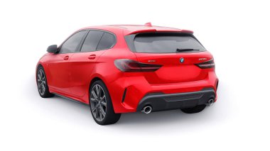 Tula, Russia. January 9, 2022: BMW M135i XDrive. Red car isolated on white background. 3d rendering