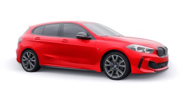 Tula, Russia. January 9, 2022: BMW M135i XDrive. Red car isolated on white background. 3d rendering