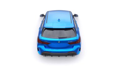 Tula, Rusya. 9 Ocak 2022: BMW M135i XDrive. Mavi araba beyaz arka planda izole edilmiş. 3d oluşturma.