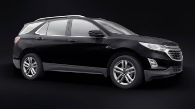 Siyah arka planda bir aile için orta büyüklükteki siyah bir SUV. 3d oluşturma