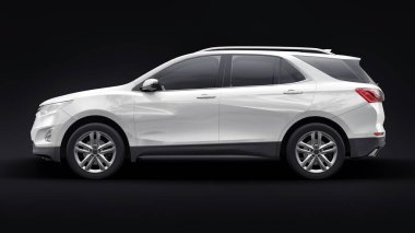 Siyah arka planda bir aile için beyaz, orta ölçekli şehir cipi. 3d oluşturma