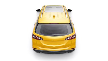 Beyaz arka planda bir aile için orta büyüklükte sarı bir SUV. 3d oluşturma