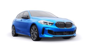 Tula, Rusya. 9 Ocak 2022: BMW M135i XDrive. Mavi araba beyaz arka planda izole edilmiş. 3d oluşturma.