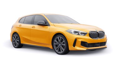 Tula, Russia. January 9, 2022: BMW M135i XDrive. Yellow car isolated on white background. 3d rendering
