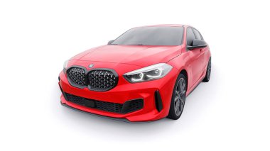 Tula, Russia. January 9, 2022: BMW M135i XDrive. Red car isolated on white background. 3d rendering