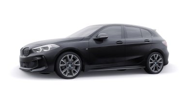 Tula, Rusya. 9 Ocak 2022: BMW M135i XDrive. Siyah araba beyaz arka planda izole edilmiş. 3d oluşturma