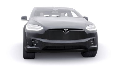 Tula, Rusya. 6 Ocak 2022: Tesla Model X tam boyutlu şehir cipi. Araba beyaz arka planda izole edilmiş. 3d oluşturma