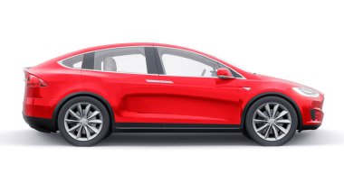 Tula, Rusya. 6 Ocak 2022: Tesla Model X tam boyutlu şehir cipi. Kırmızı araba beyaz arka planda izole edilmiş. 3d oluşturma.