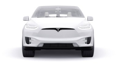 Tula, Rusya. 6 Ocak 2022: Tesla Model X tam boyutlu şehir cipi. Araba beyaz arka planda izole edilmiş. 3d oluşturma
