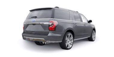 Tula, Rusya. 20 Ocak 2022: Ford Expedition 2019 Gri Premium Ailesi SUV beyaz arka planda izole edildi. 3d oluşturma.