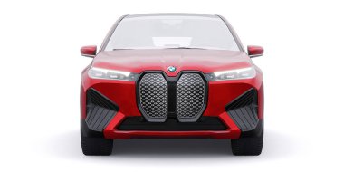 Tula, Rusya. 21 Ocak 2022: BMW iX 2022 Kırmızı lüks SUV elektrikli araba beyaz arka planda izole edildi. 3d illüstrasyon