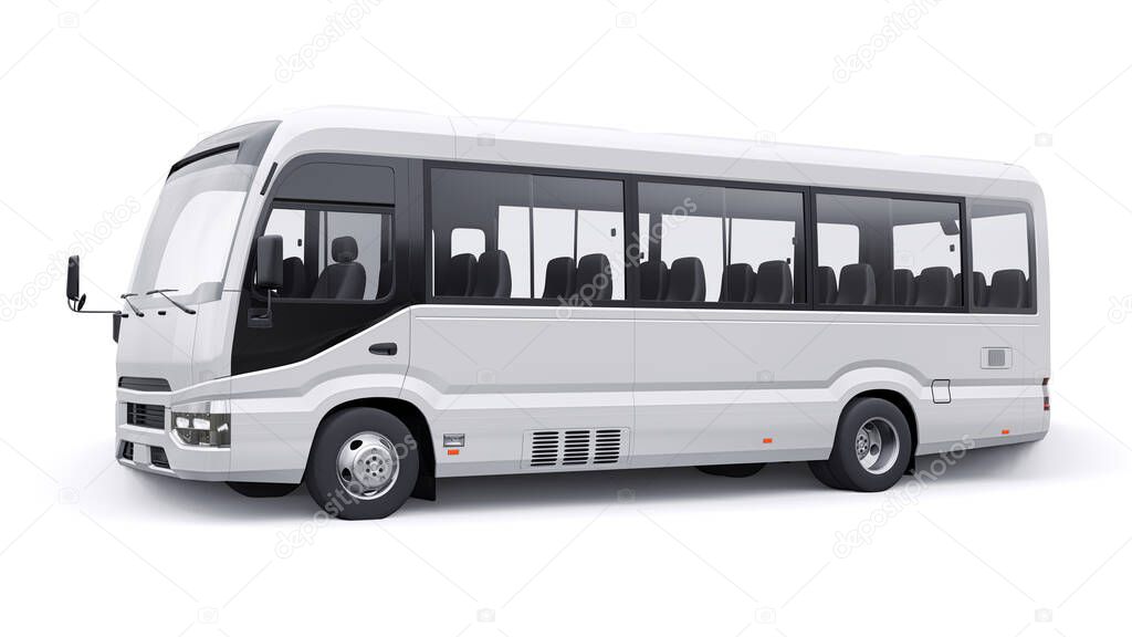 White Small bus for urban and suburban for travel. Car with empty body for design and advertising. 3d illustration.