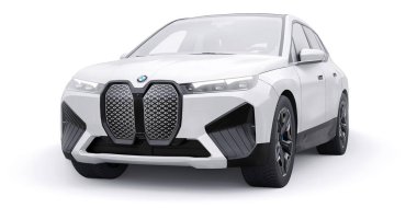 Tula, Rusya. 21 Ocak 2022: BMW iX 2022 Beyaz lüks spor SUV elektrikli araba beyaz arka planda izole edildi. 3d illüstrasyon