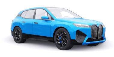 Tula, Rusya. 21 Ocak 2022: BMW iX 2022 Mavi lüks SUV elektrikli araba beyaz arka planda izole edildi. 3d illüstrasyon