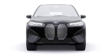 Tula, Rusya. 21 Ocak 2022: BMW iX 2022 Siyah lüks SUV elektrikli araba beyaz arka planda izole edildi. 3d illüstrasyon